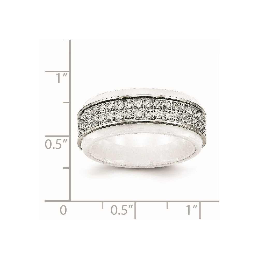 Stainless Steel Polished White Ceramic CZ Ridged edge Ring Size - 7