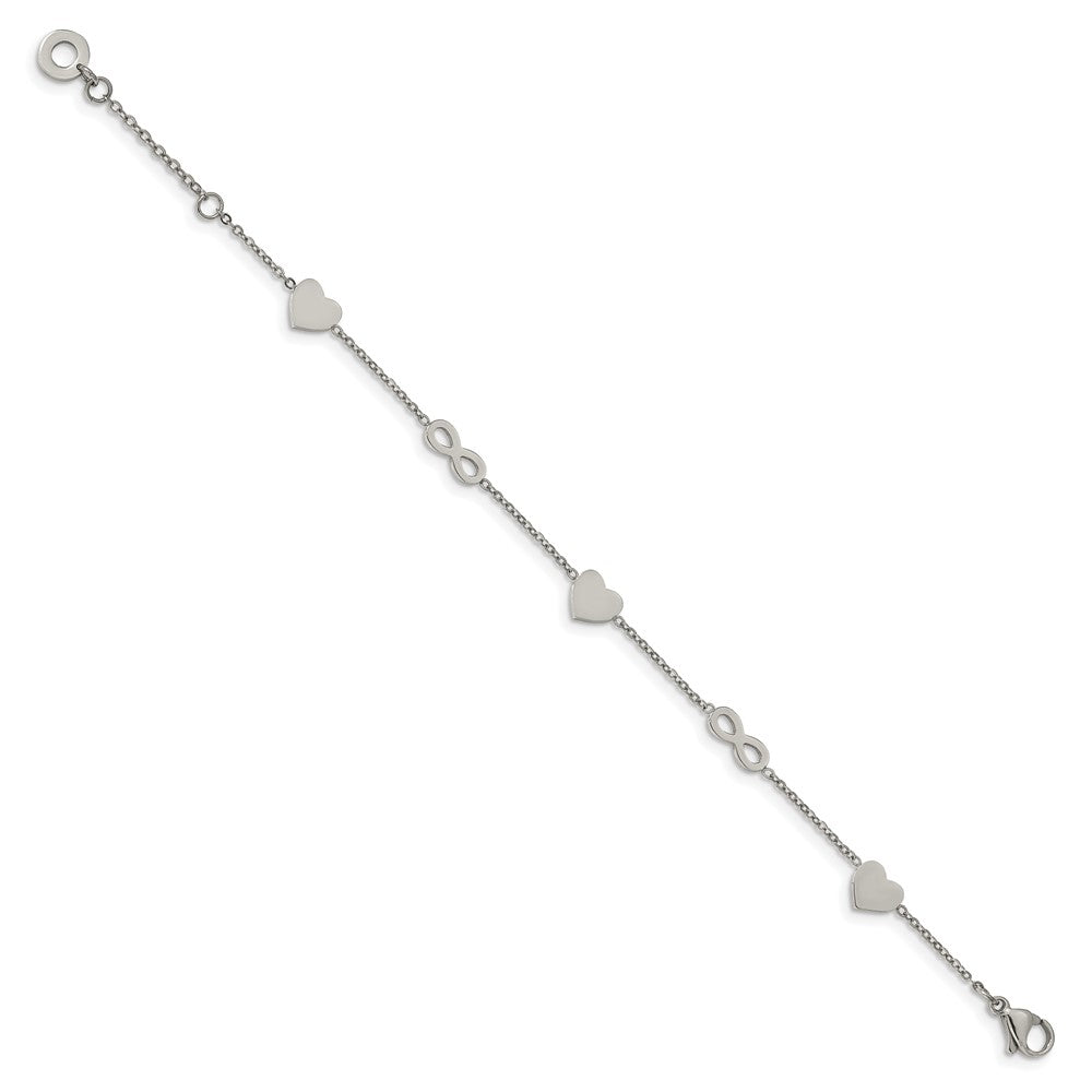 Stainless Steel Polished Heart and Infinity 7in w/1in ext. Bracelet 7 inches