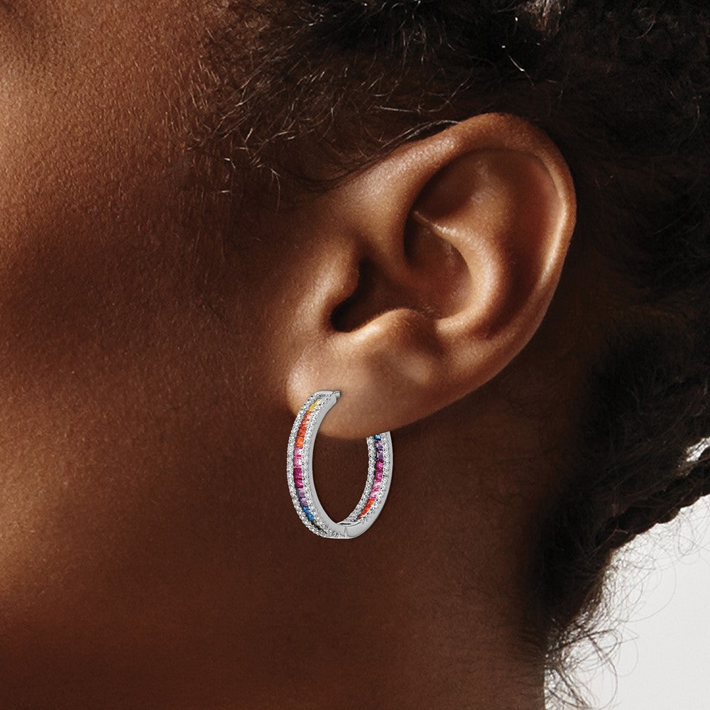 Prizma Sterling Silver Rhodium-plated White and Colorful CZ In and Out Hinged Hoop Earrings