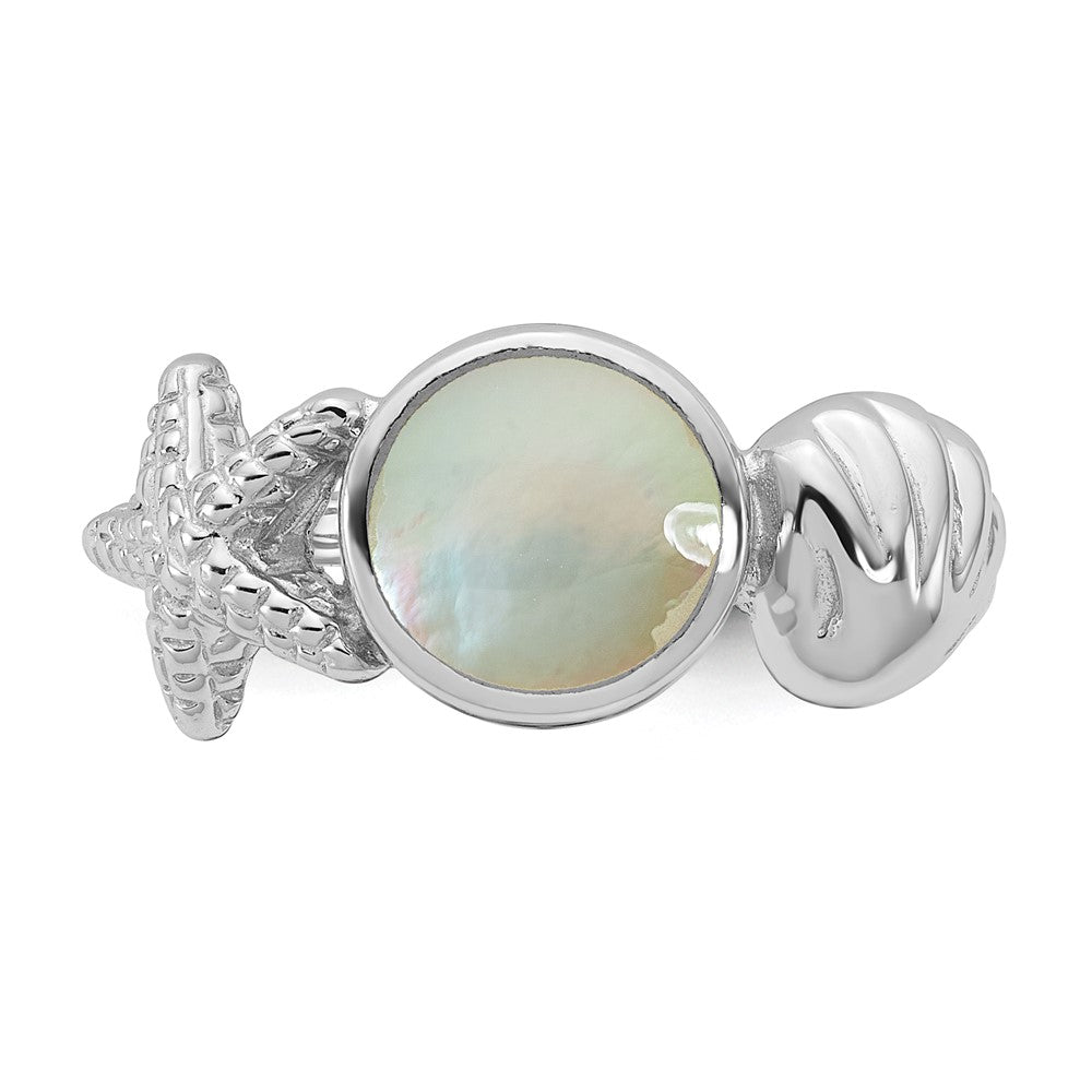 Sterling Silver Rhodium-plated Polished Oval Mother of Pearl and Sea Shell with Starfish Size 6 Ring