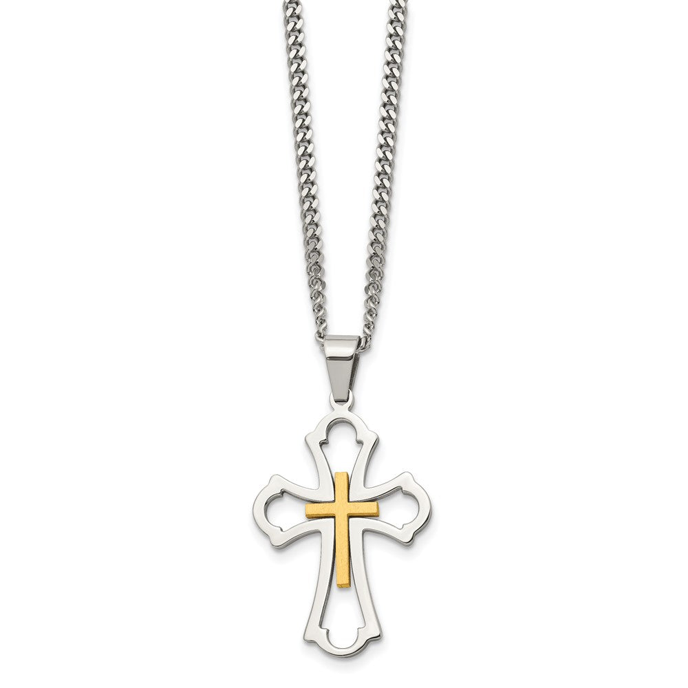 Stainless Steel Brushed & Polished Yellow IP-plated Cross Necklace