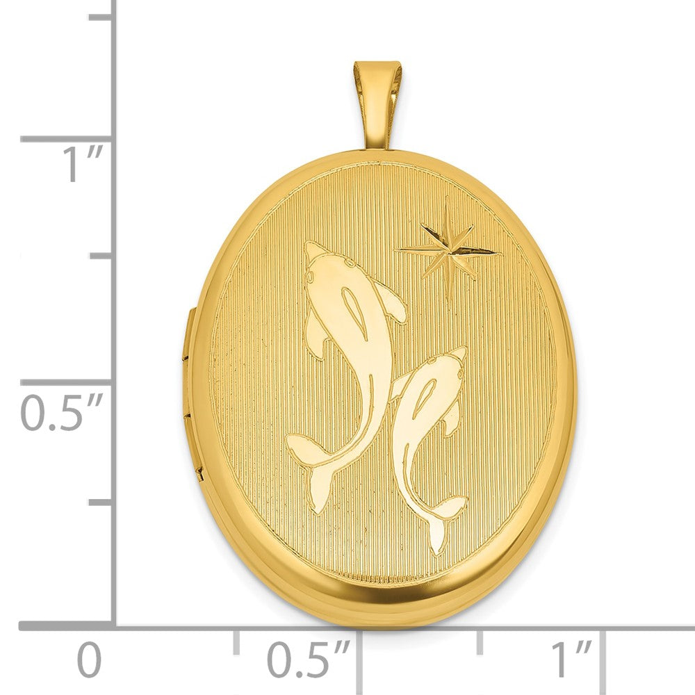 Sterling Silver Gold-plated Polished Front/Brushed Back Two Dolphins 20mm Oval Locket