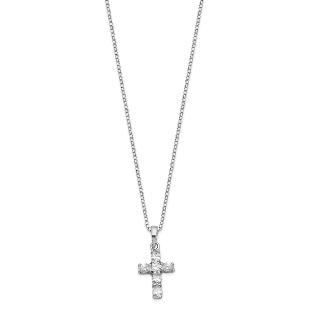 Sterling Silver Rhodium-plated CZ Cross on 16 Box Chain Necklace 16 Inches