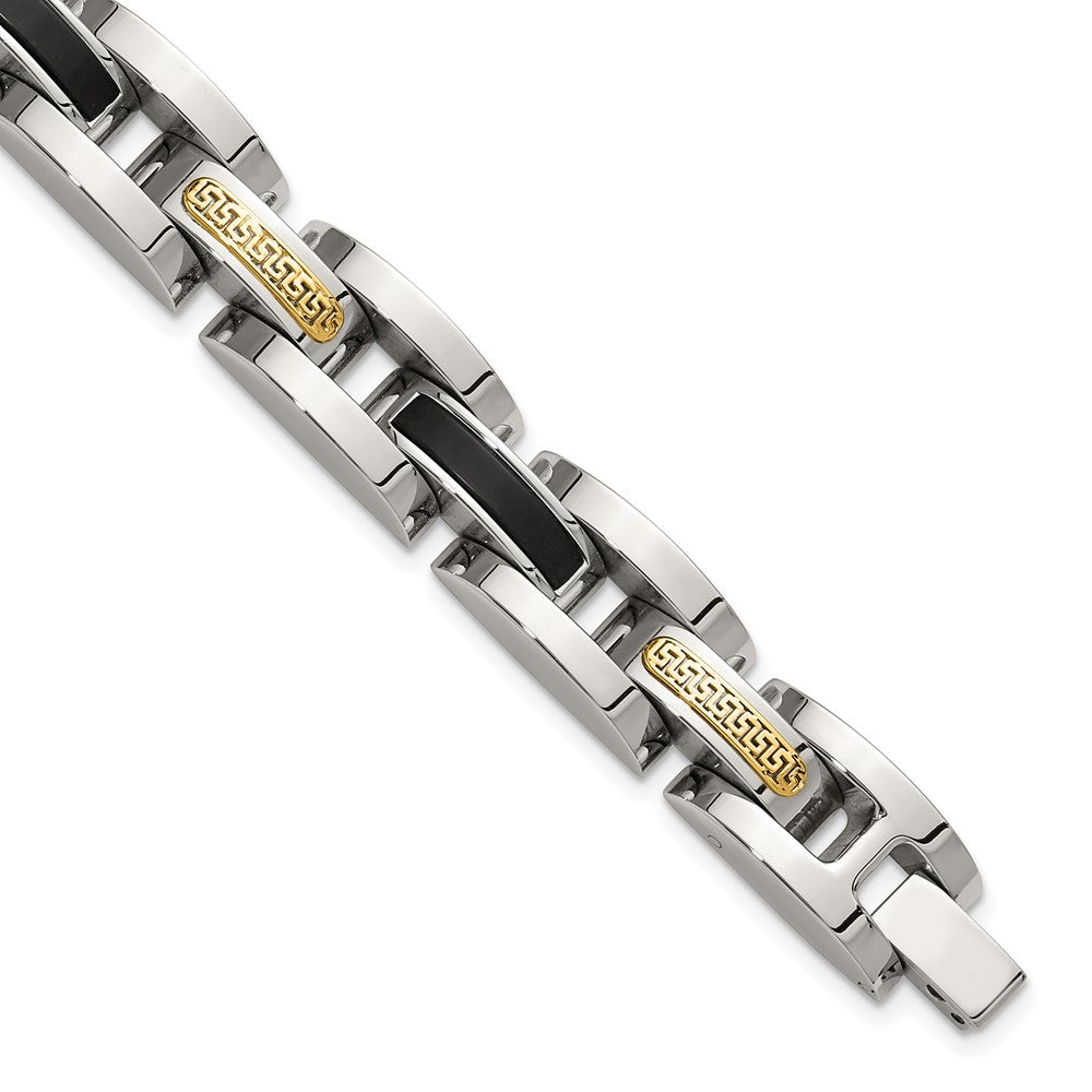 Chisel Stainless Steel Polished with 14K Gold Accent and Onyx 8.25 inch Link Bracelet 8.25 inches