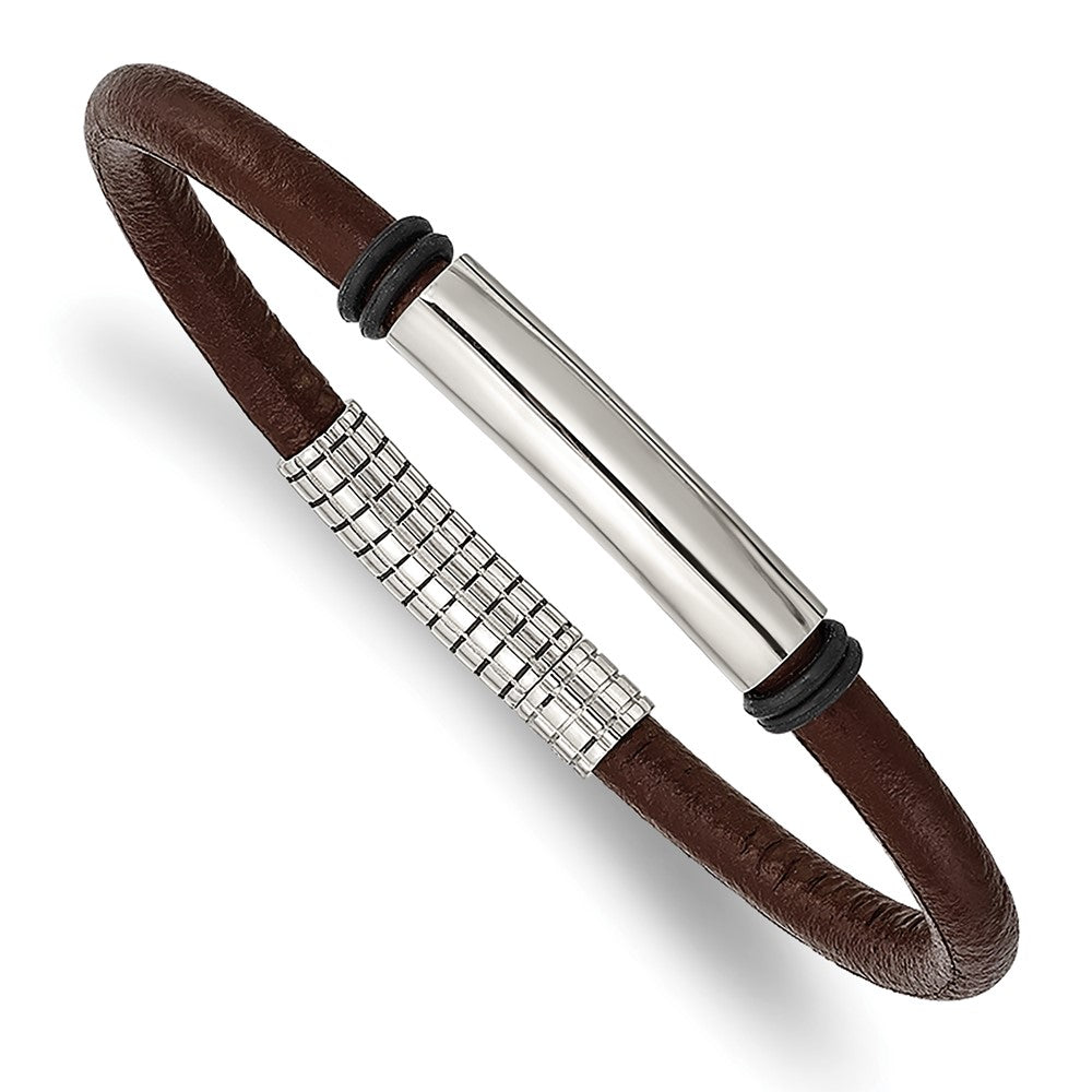 Stainless Steel Polished Black and Brown Rubber 8.5in Bracelet 8.5 inches