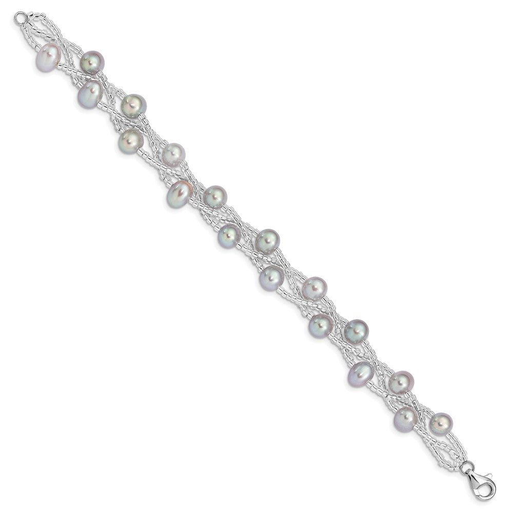 Sterling Silver Rhodium-plated 7-9mm Grey Semi-Round Freshwater Cultured Pearl and Glass Beaded 7.5 inch Bracelet 7.5 inches