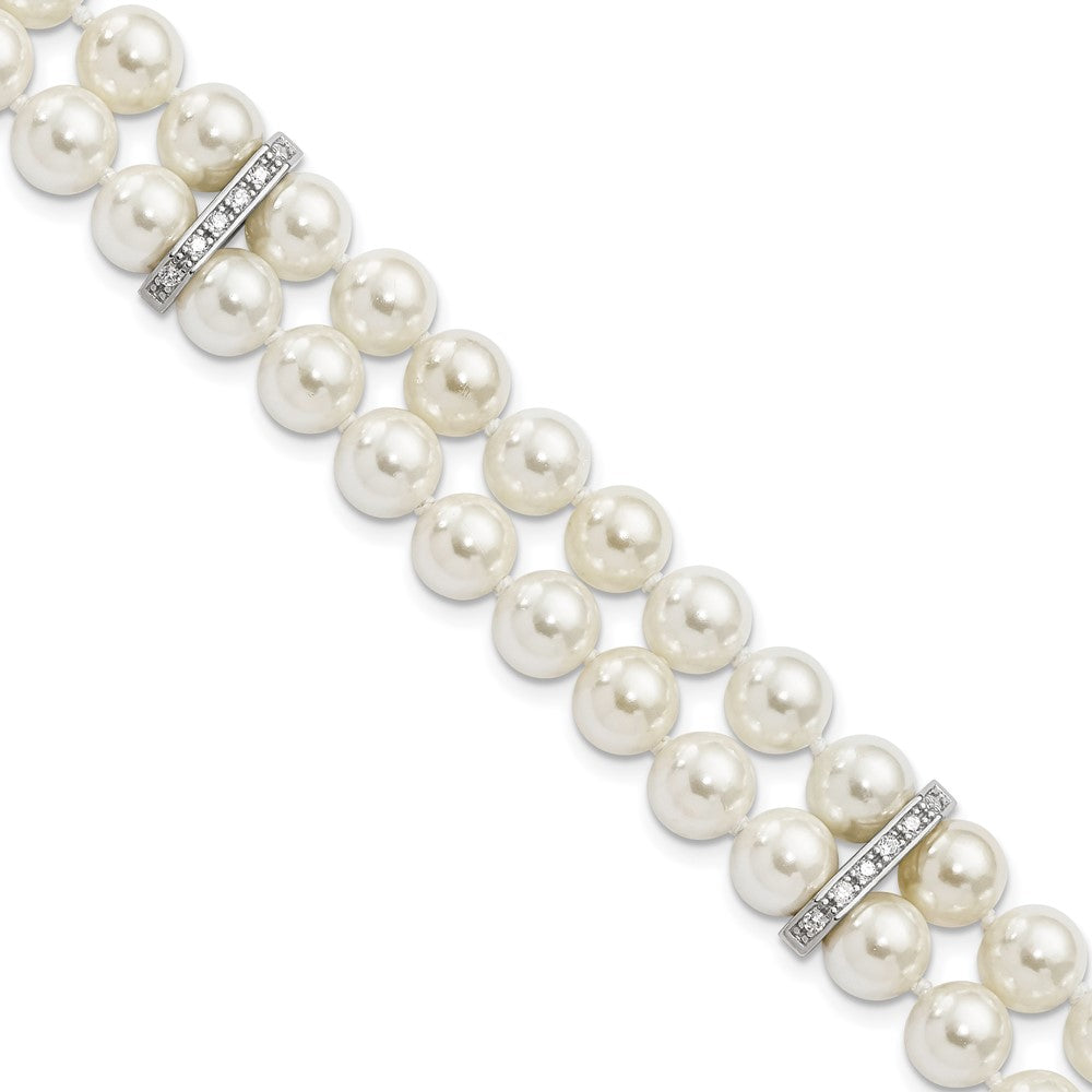 Majestik Sterling Silver Rhodium-plated 7-8mm White Imitation Shell Pearl and CZ Hand-knotted Bracelet 7.5 inches