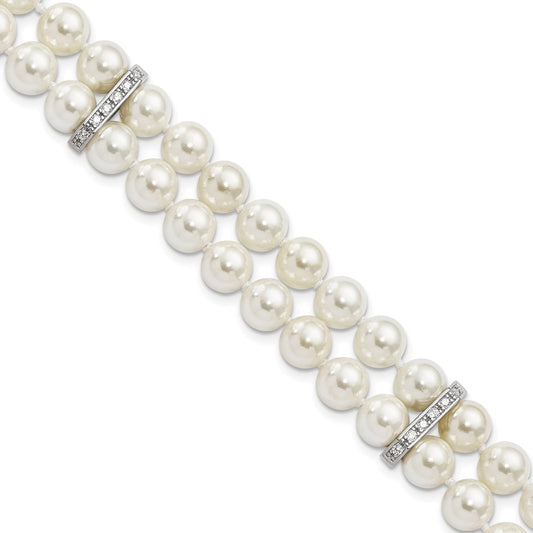 Majestik Sterling Silver Rhodium-plated 7-8mm White Imitation Shell Pearl and CZ Hand-knotted Bracelet 7.5 inches