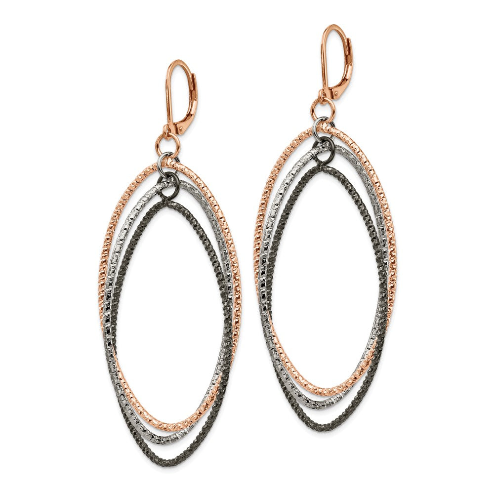 Stainless Steel Polished and Textured Gun & Rose IP Leverback Earrings
