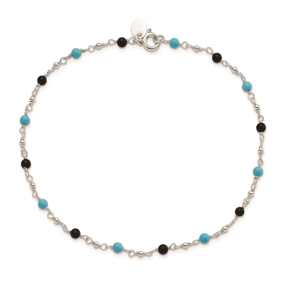 Sterling Silver Onyx/Turquoise Beads Anklet 10 inches