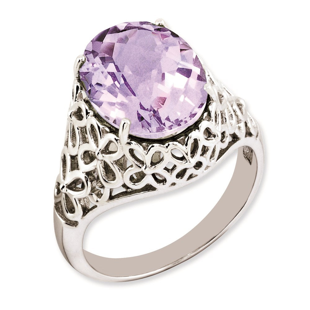 Sterling Silver Rhodium-plated Oval Checker-Cut Pink Quartz Ring