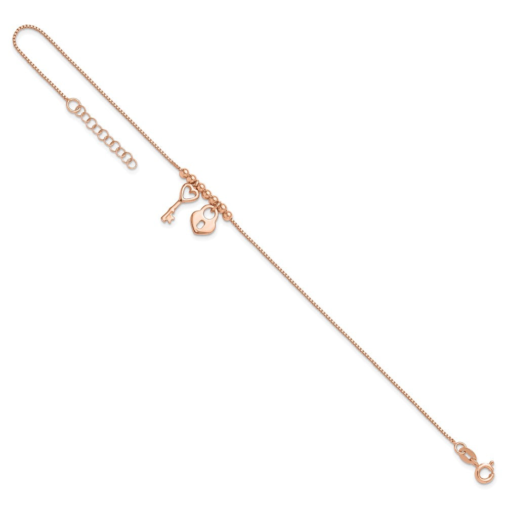 Sterling Silver Rose-tone Polished Heart Lock with 1in ext Anklet 9 inches