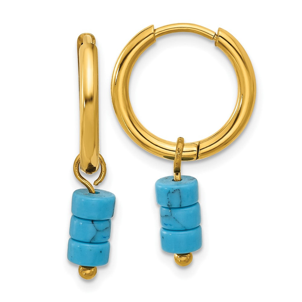 Chisel Stainless Steel Polished Yellow IP-plated with Removeable Synthetic Turquoise Dangle Hinged Hoop Earrings