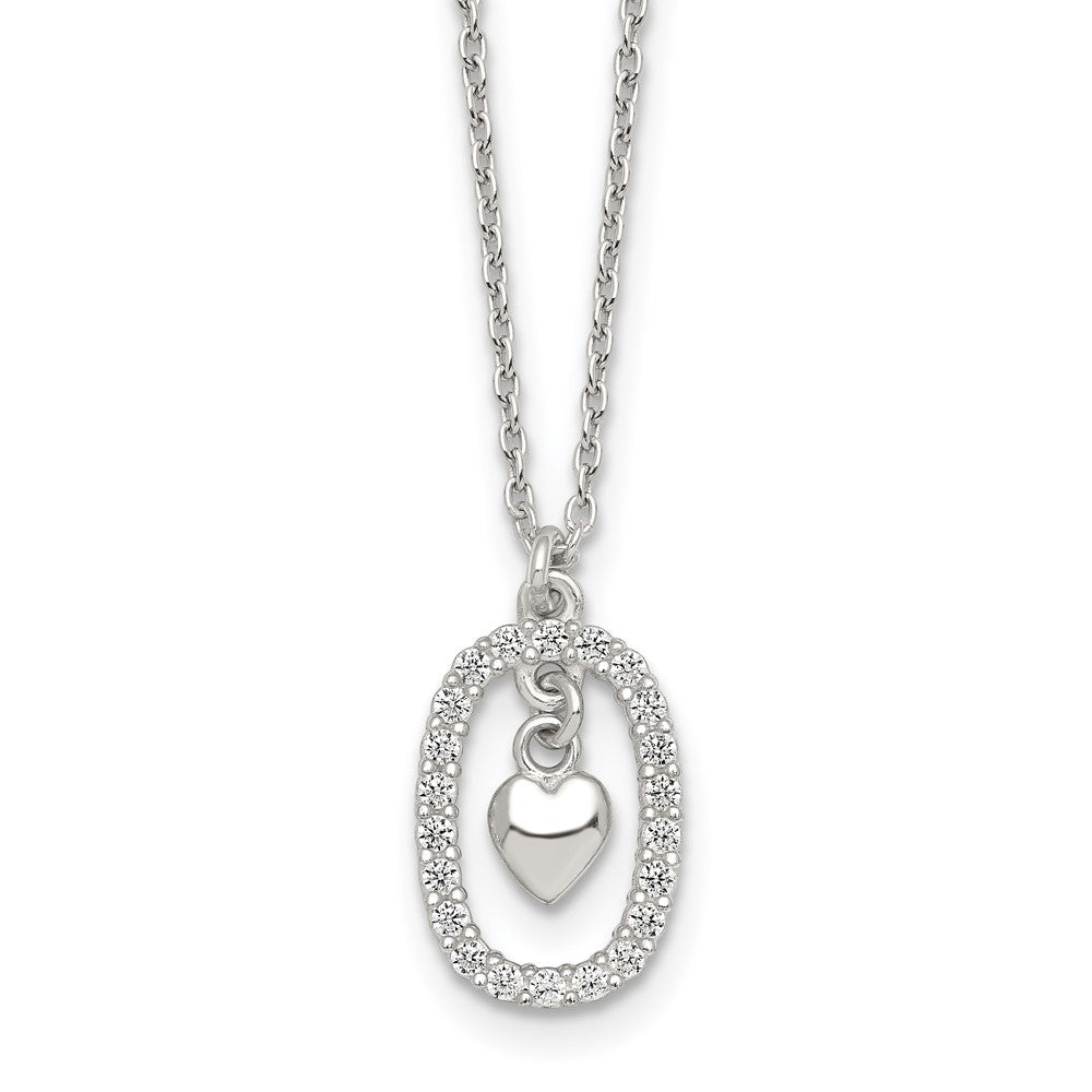 Sterling Silver Polished CZ Heart in Oval Necklace 16 Inches