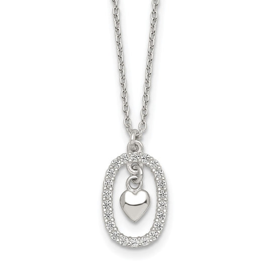 Sterling Silver Polished CZ Heart in Oval Necklace 16 Inches