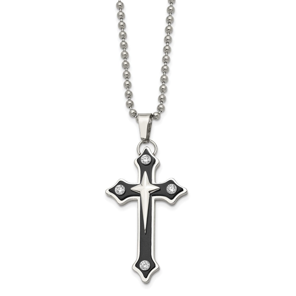Stainless Steel Polished Black IP-plated w/CZ Cross 20in Necklace