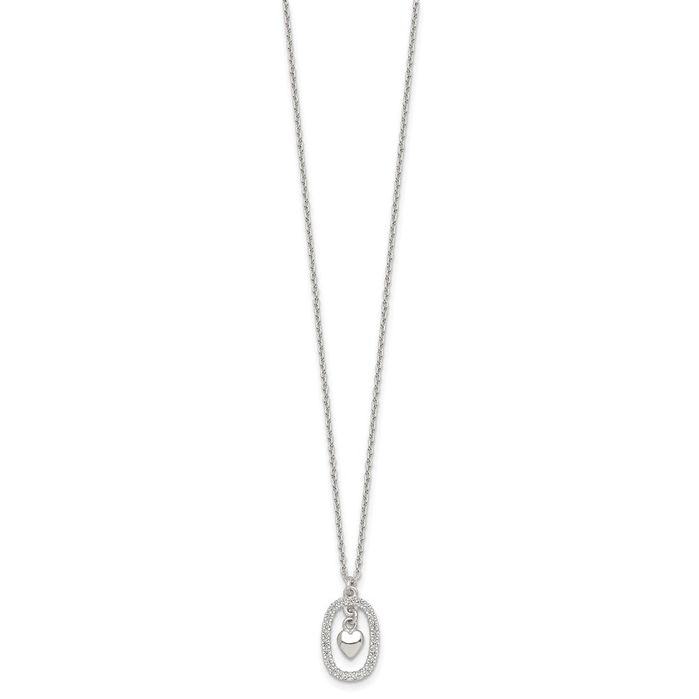 Sterling Silver Polished CZ Heart in Oval Necklace 16 Inches