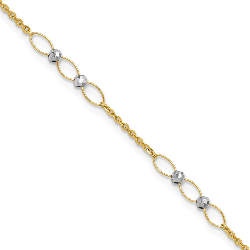 14k Two-tone Polished Oval Links and Faceted Beads 9 inch Plus 1 inch Extension Anklet