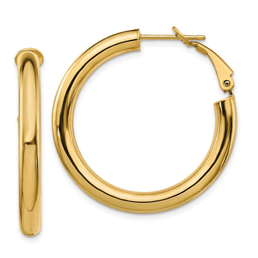 10k 4x25mm Polished Round Omega Back Hoop Earrings