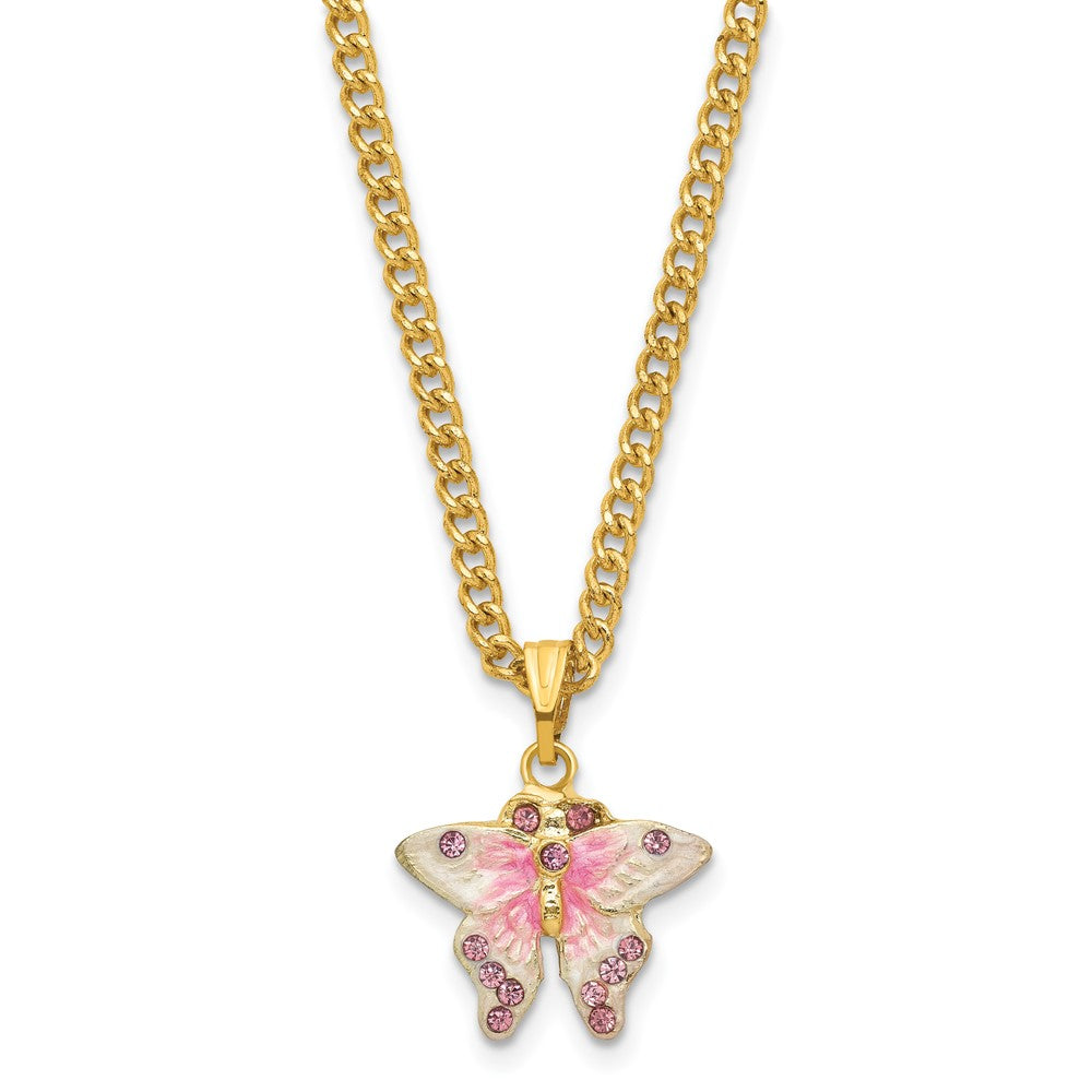 Luxury Giftware by Jere Pewter Bejeweled Crystals Gold-tone Enameled HELLO SPRING Flowers and Butterfly Ring Holder Trinket Box with Matching 18 Inch Necklace