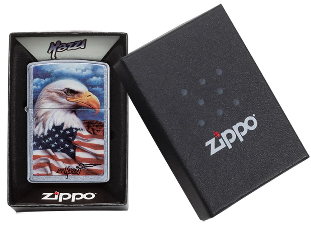 Zippo Mazzi Bald Eagle with Flag Street Chrome Pocket Lighter