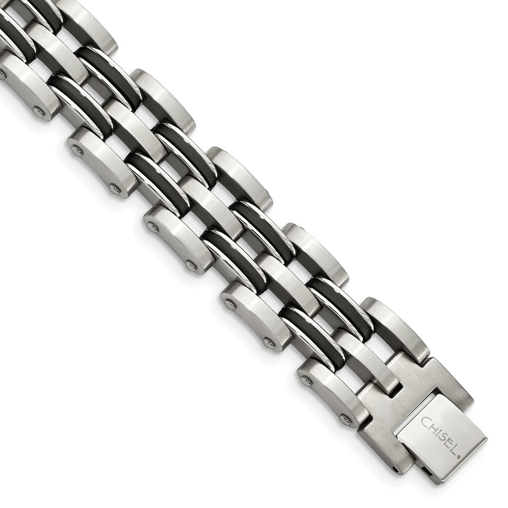 Stainless Steel 9in Brushed and Polished with Black Rubber Bracelet 9.25 inches