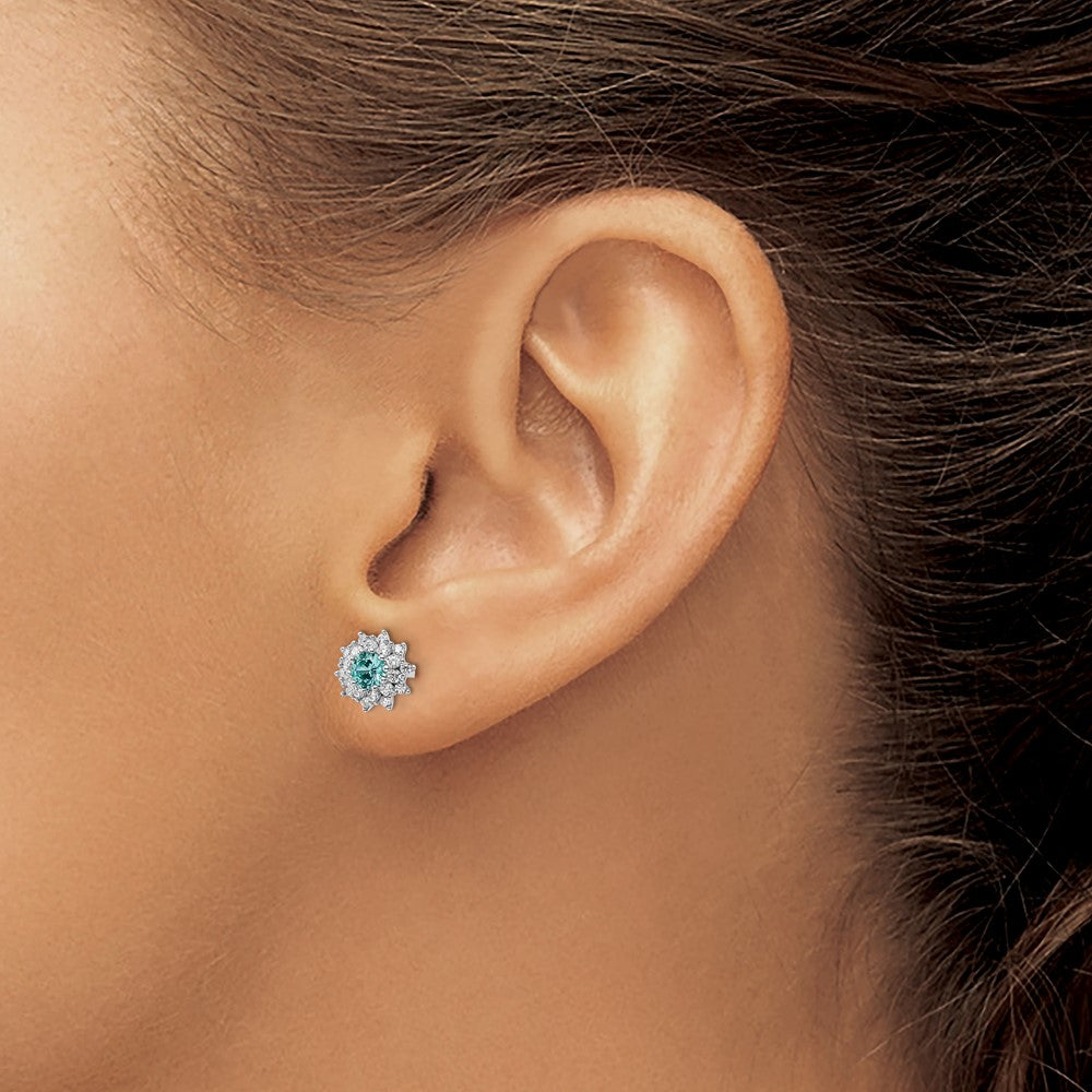 Sterling Silver Rhodium plated Teal & White CZ Post Earrings