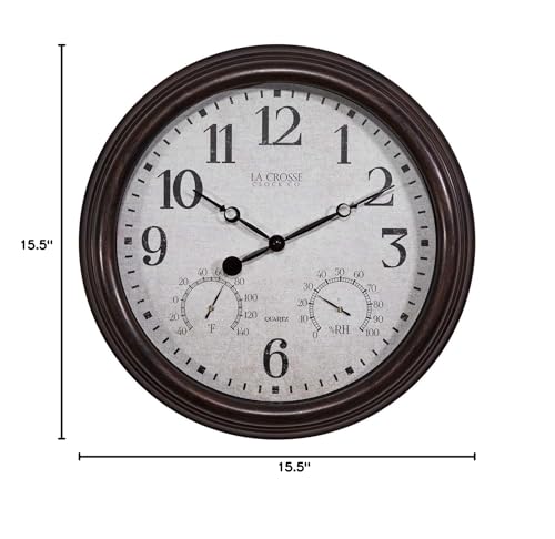 La Crosse Clock 15 Inch Indoor/Outdoor Quartz Analog Clock with Temperature and Humidity, 404-3015