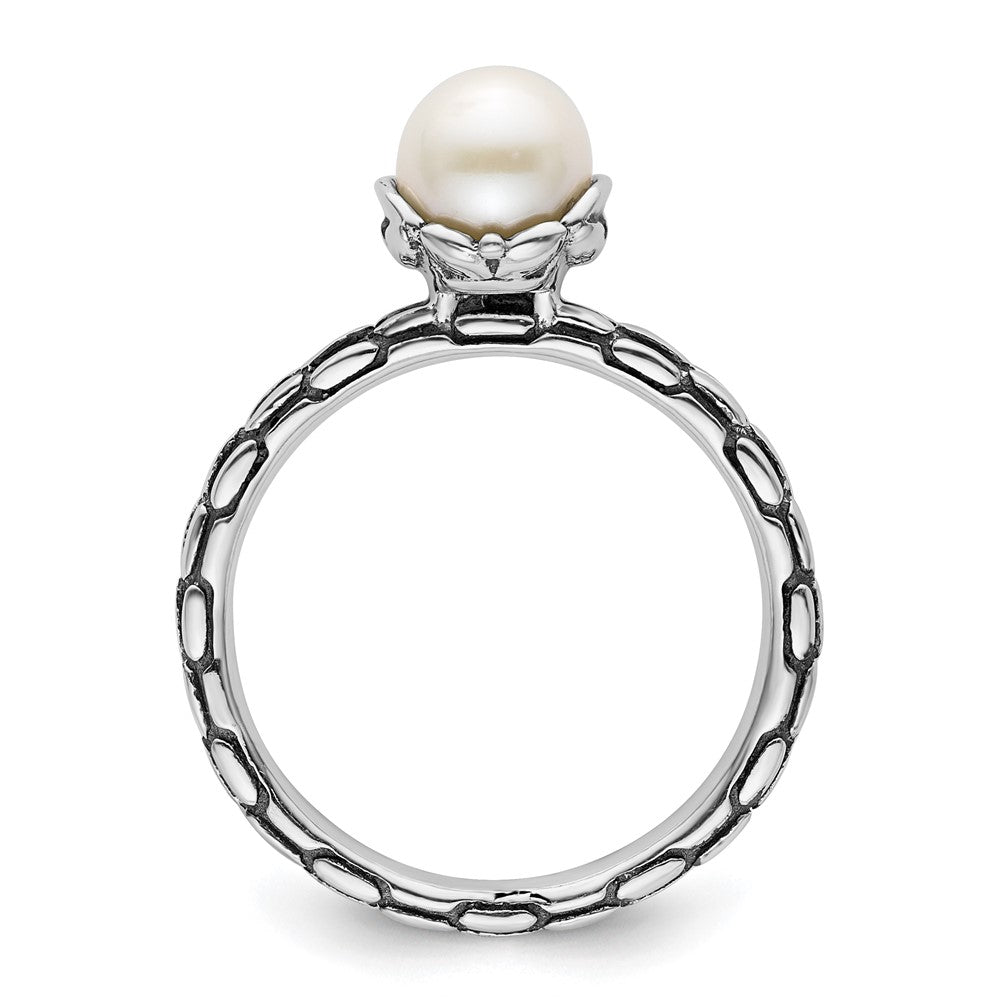 Sterling Silver Stack Exp. Polished Patterned White FW Cultured Pearl Ring Size -9