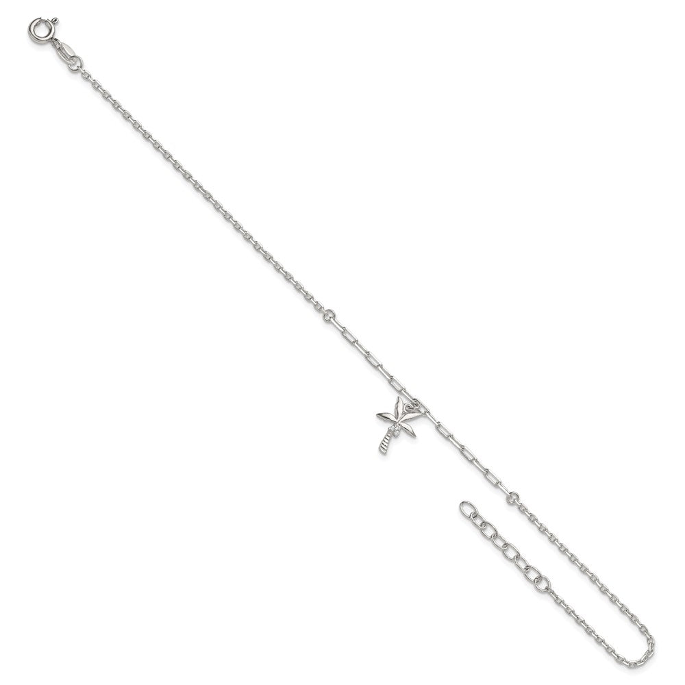 Sterling Silver Polished White CZ Palm Tree Dangle 9 inch with 1 inch Extension Anklet