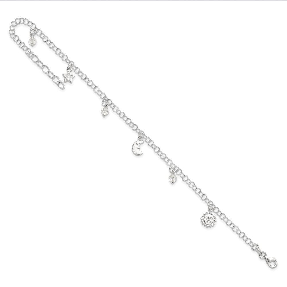 Sterling Silver Polished Sun Moon and Stars 9in Plus 1in Ext. Anklet 9 inches