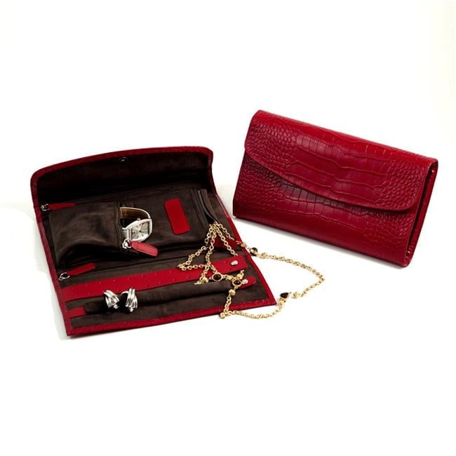 Croco Textured Red Leather Snap Closure Velour Lined Jewelry Clutch GM8758