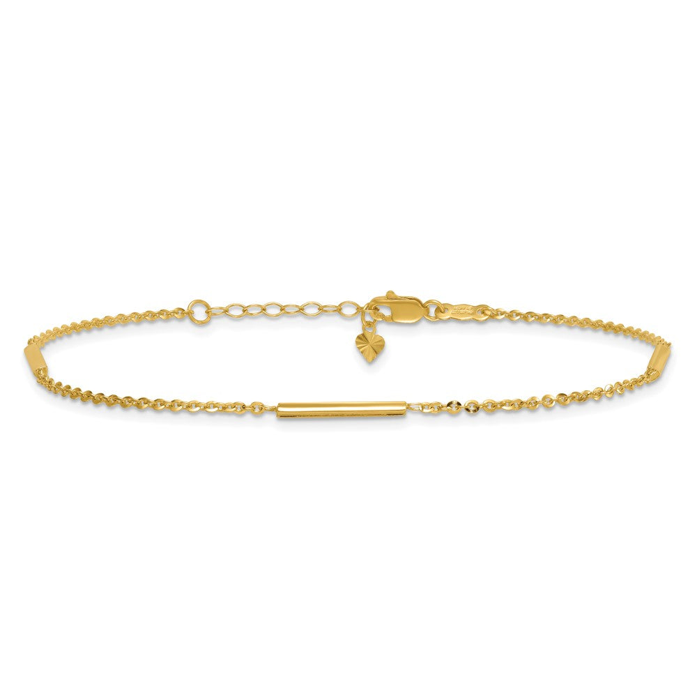14k Polished Fancy Cable Chain and Bar 3-Station 9 inch Plus 1 inch Extension Anklet