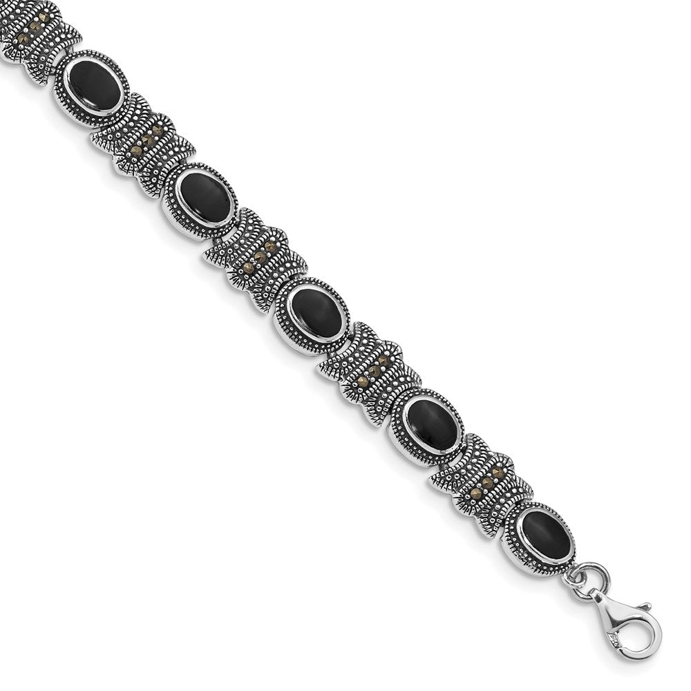 Sterling Silver Rhodium-plated Marcasite and Onyx 7.25 inch Bracelet 7.25 inches