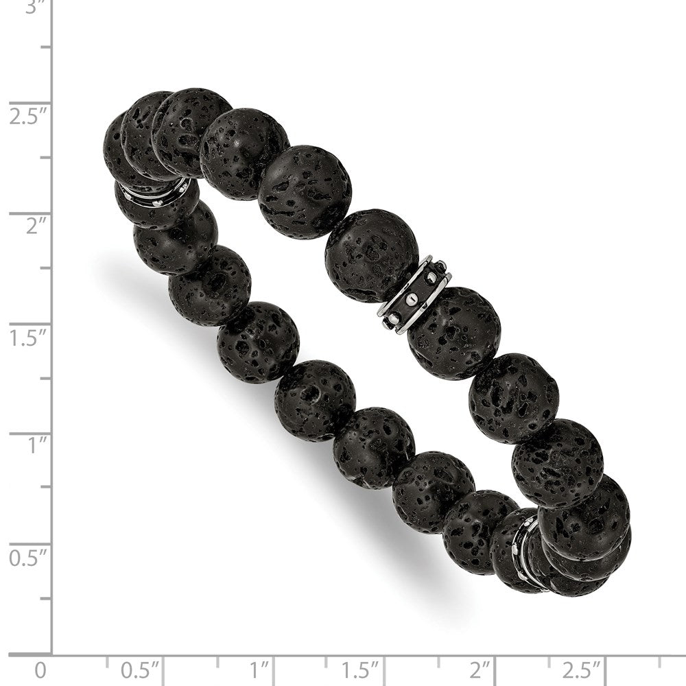 Stainless Steel Polished Black Enamel Lava Stone Beads Stretch Bracelet 7.25 inches