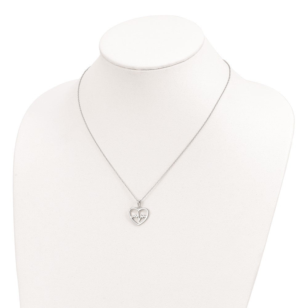 Sterling Silver Rhodium-plated Heartbeat in Heart 16in w/2in Ext Necklace 16 Inches