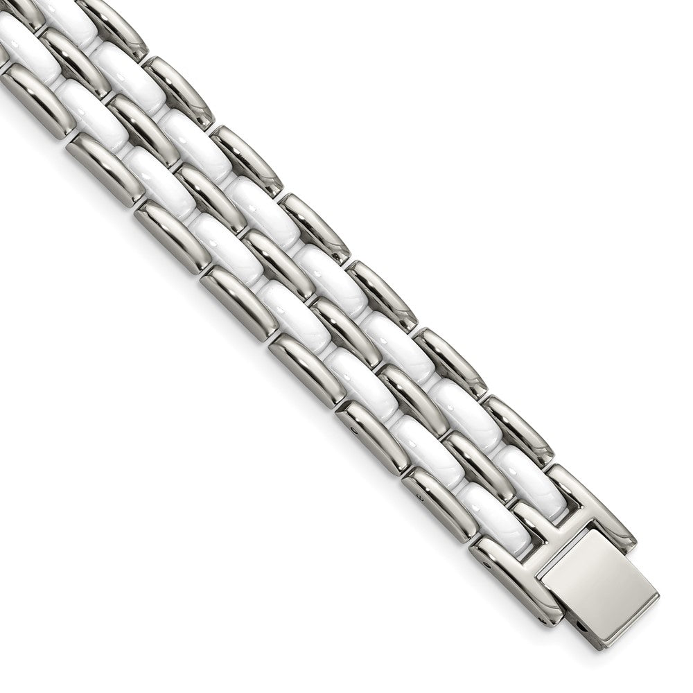 Stainless Steel Polished w/Double Row White Ceramic 8.25in Bracelet 8.25 inches