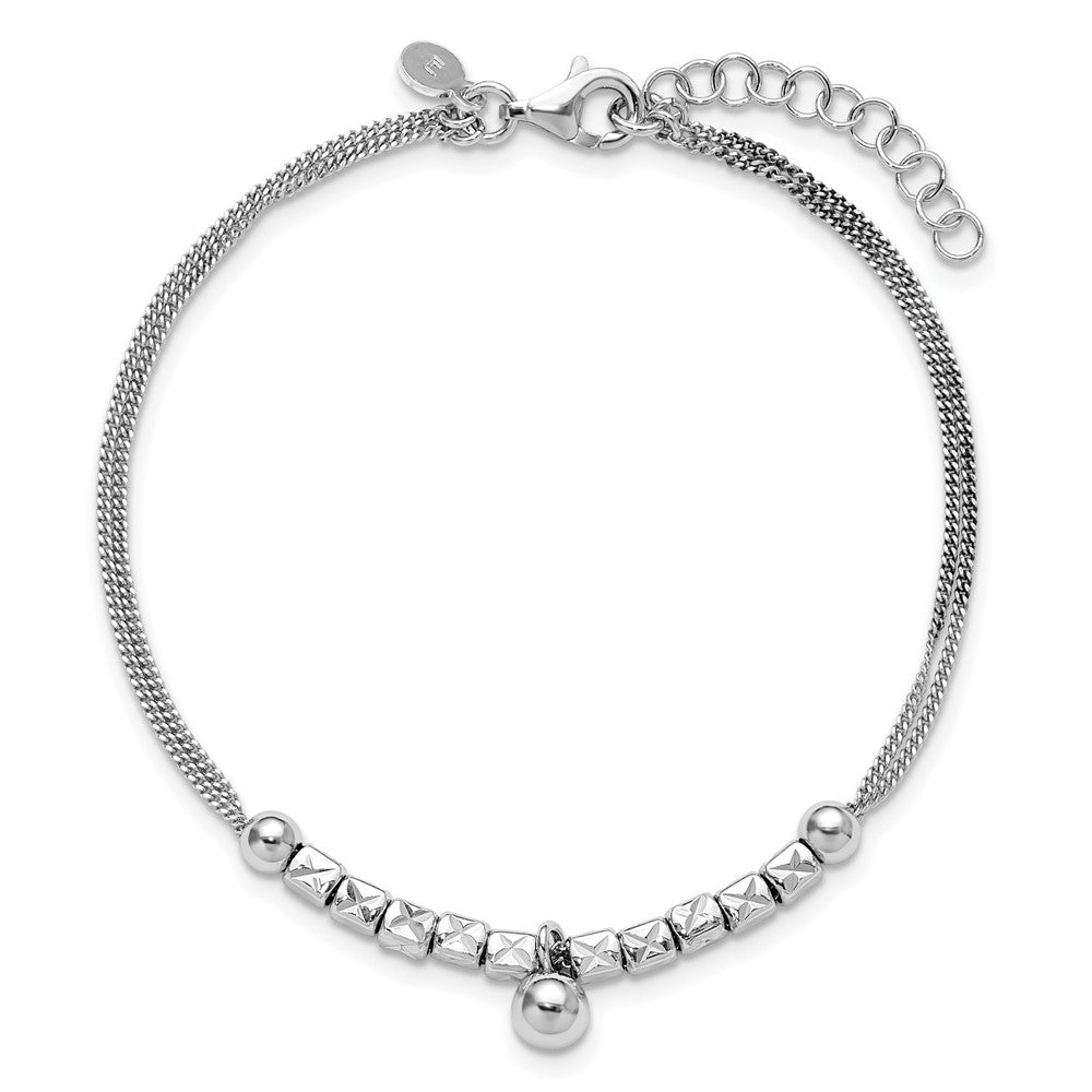 Sterling Silver RH-plat Pol. Fancy 2-strand w/1in ext. Bracelet 8  inches