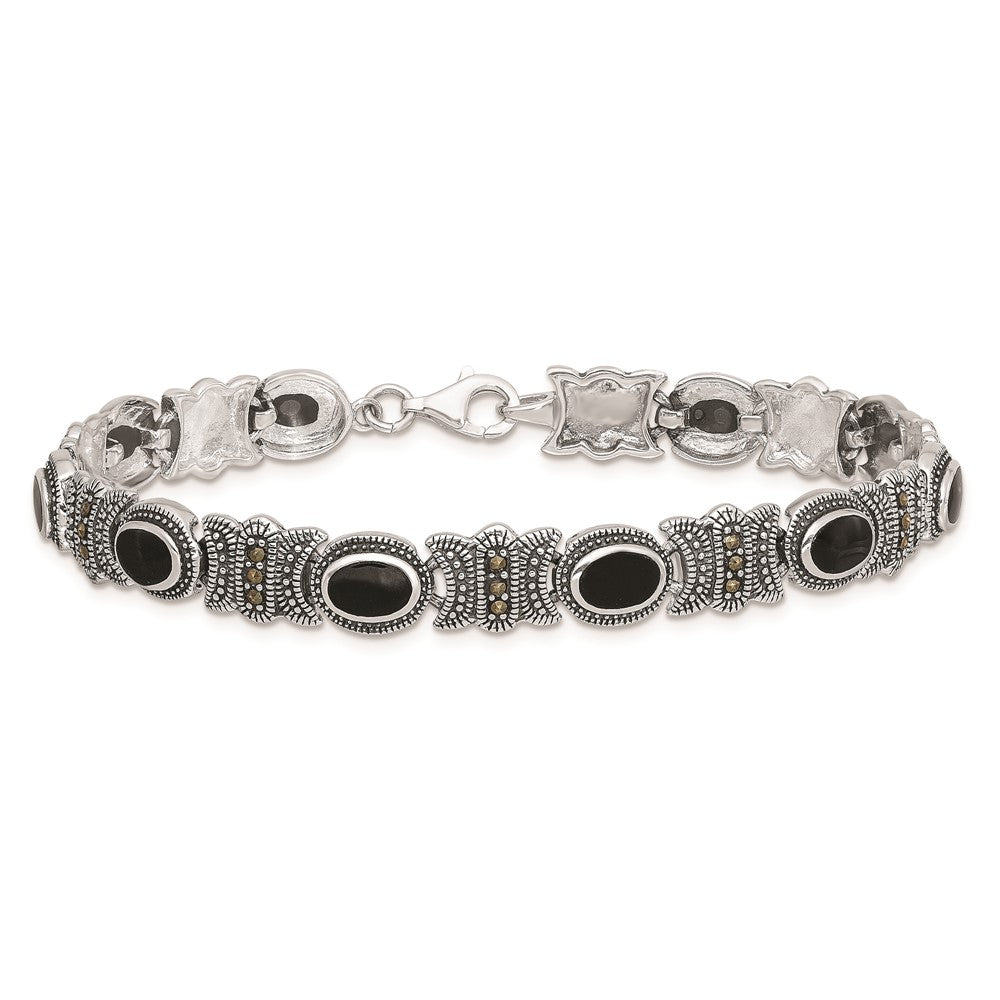 Sterling Silver Rhodium-plated Marcasite and Onyx 7.25 inch Bracelet 7.25 inches