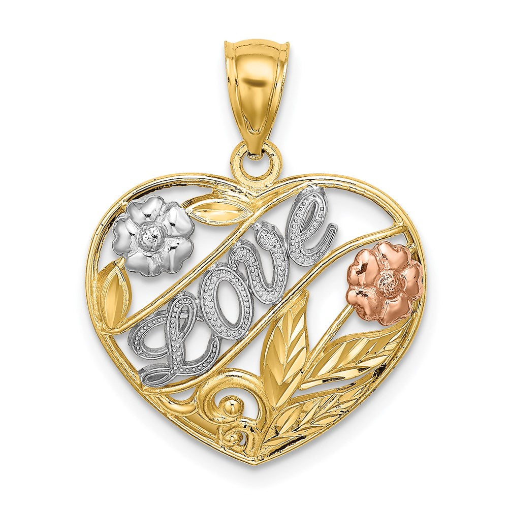 14k Two-Tone w/ White Rhodium Heart w/LOVE and Flowers Charm