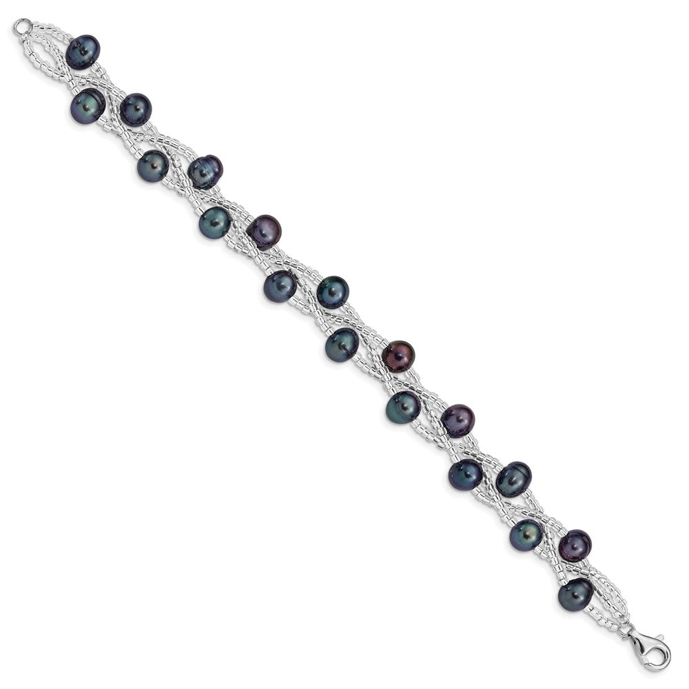 Sterling Silver Rhodium-plated 7-9mm Black Semi-Round Freshwater Cultured Pearl and Glass Beaded 7.5 inch Bracelet 7.5 inches