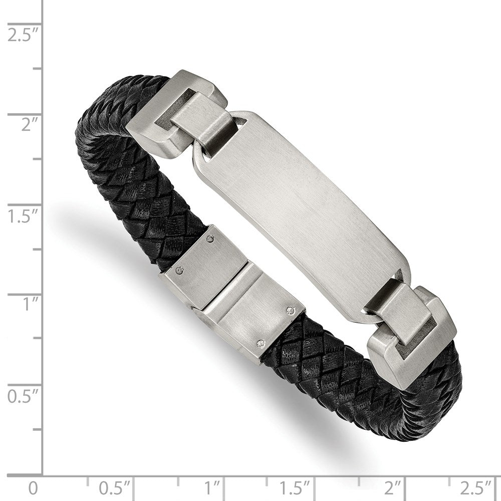 Stainless Steel Brushed Black Leather 8.5in ID Bracelet 8.5 inches