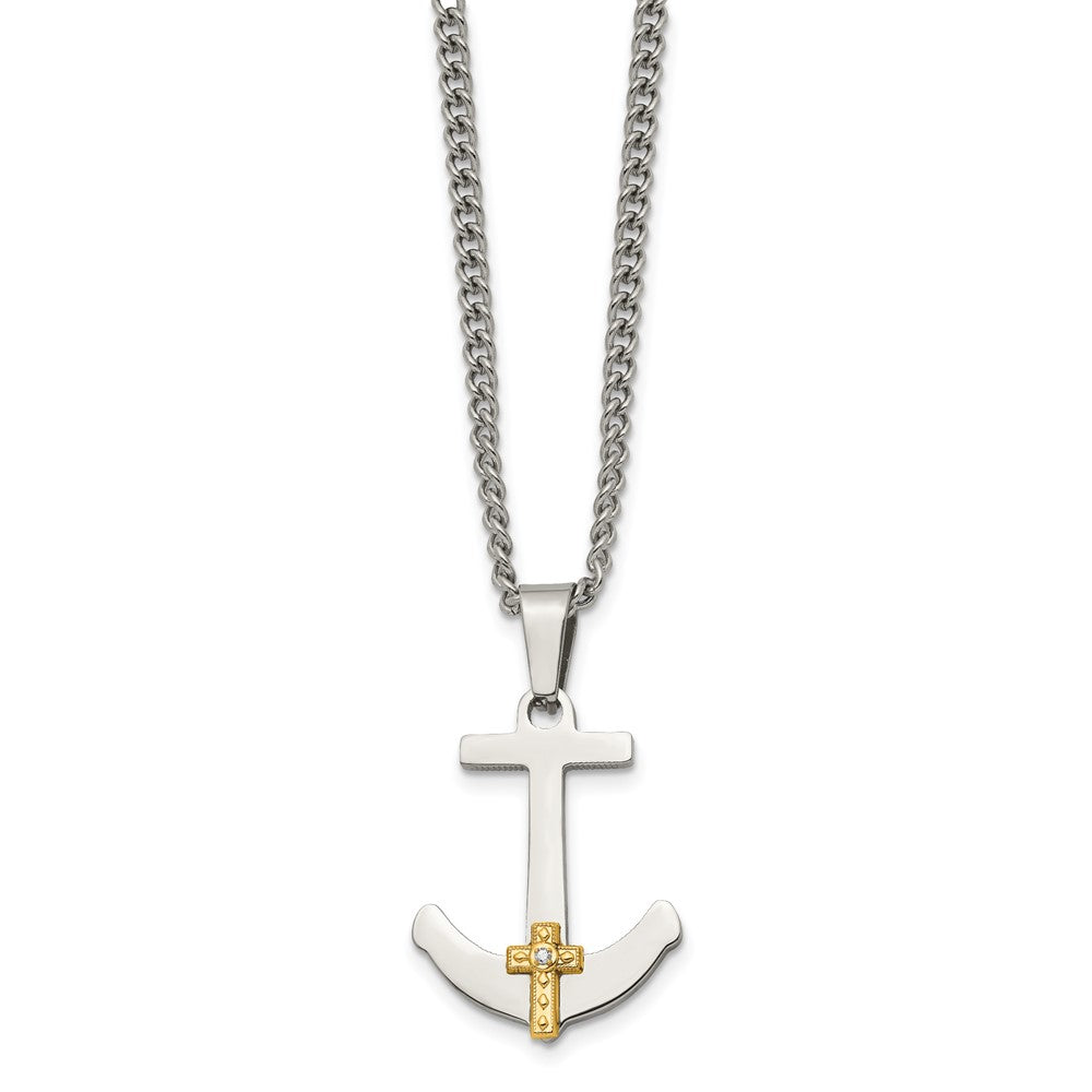 Stainless Steel Polished w/14k Gold Diamond Anchor Mariner Cross Necklace