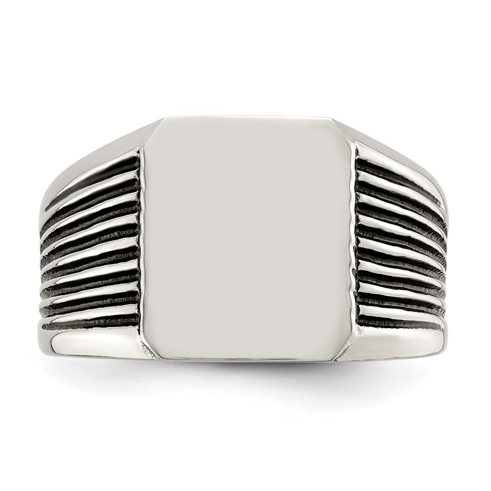 Stainless Steel Polished with Black Enamel Signet Ring Size - 12