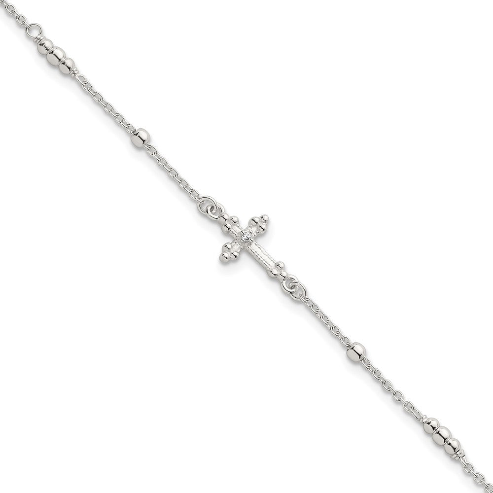 Sterling Silver Polished and Beaded White CZ Budded Cross 7 inch with 1 inch Extension Bracelet