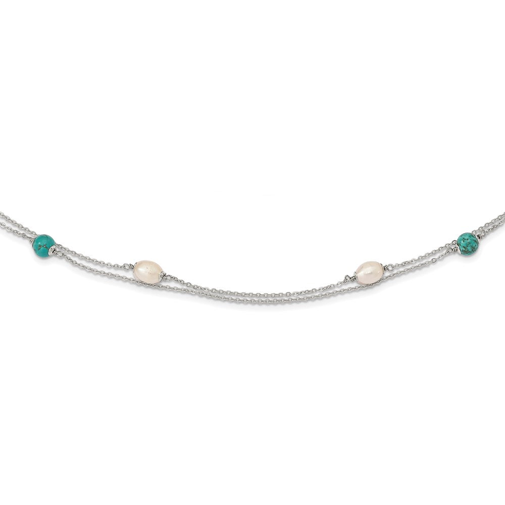 Sterling Silver Rhod-plated Turquoise/FWC Pearl w/2 in ext Necklace 17 Inches