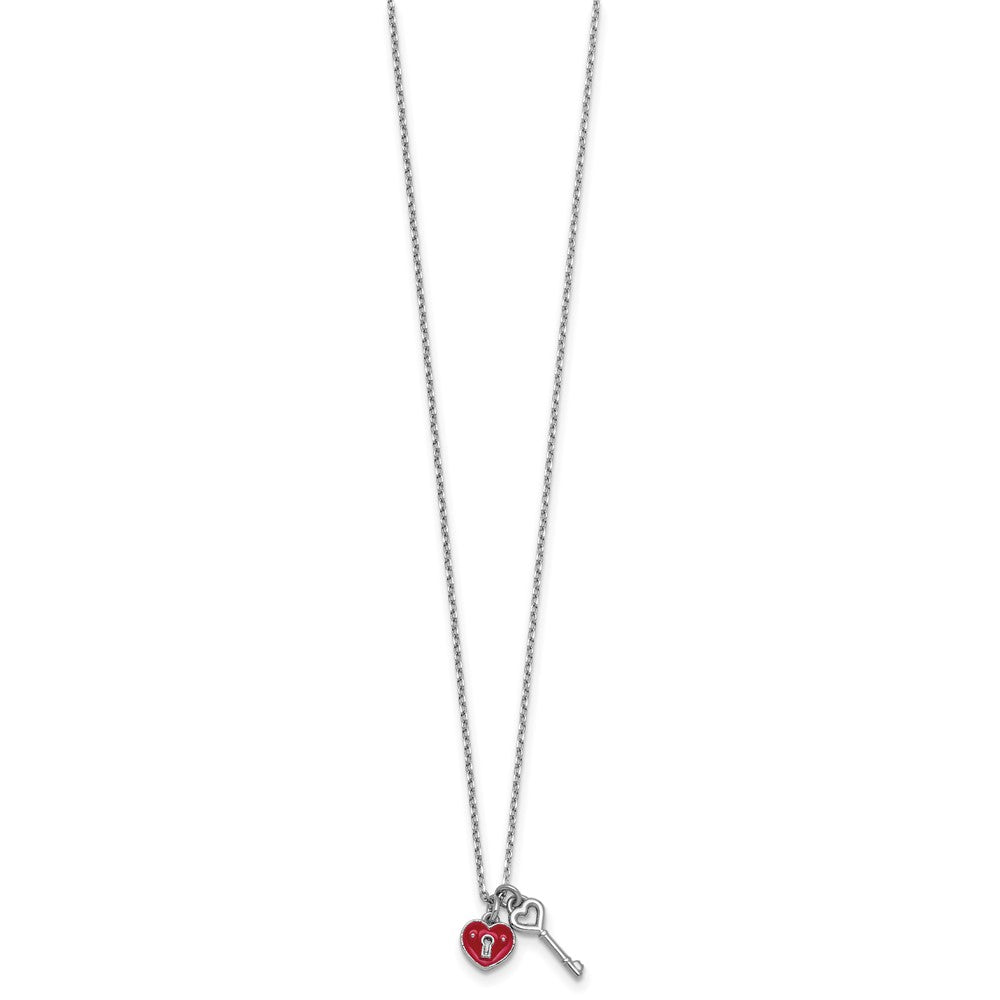 Sterling Silver Rhod-plat Enamel Heart Lock w/Key 16in w/1in ext Necklace 16 Inches