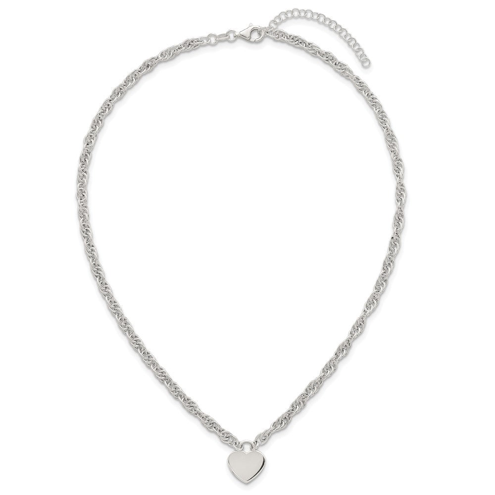 Sterling Silver Polished Fancy Engravable Heart Disc on Rope Chain 16 Inch with 2 Inch Extension Necklace 16 Inches