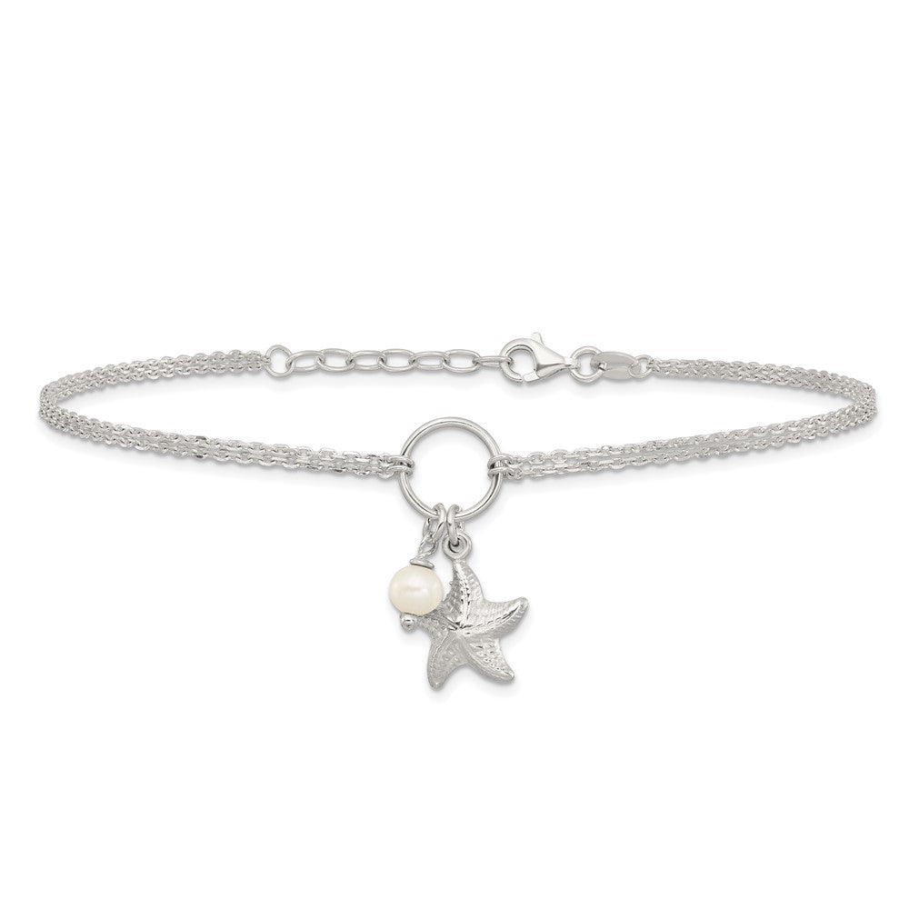 Sterling Silver Polished Freshwater Cultured Pearl with 3D Starfish Double Strand 9 inch with 1 inch Extension Anklet
