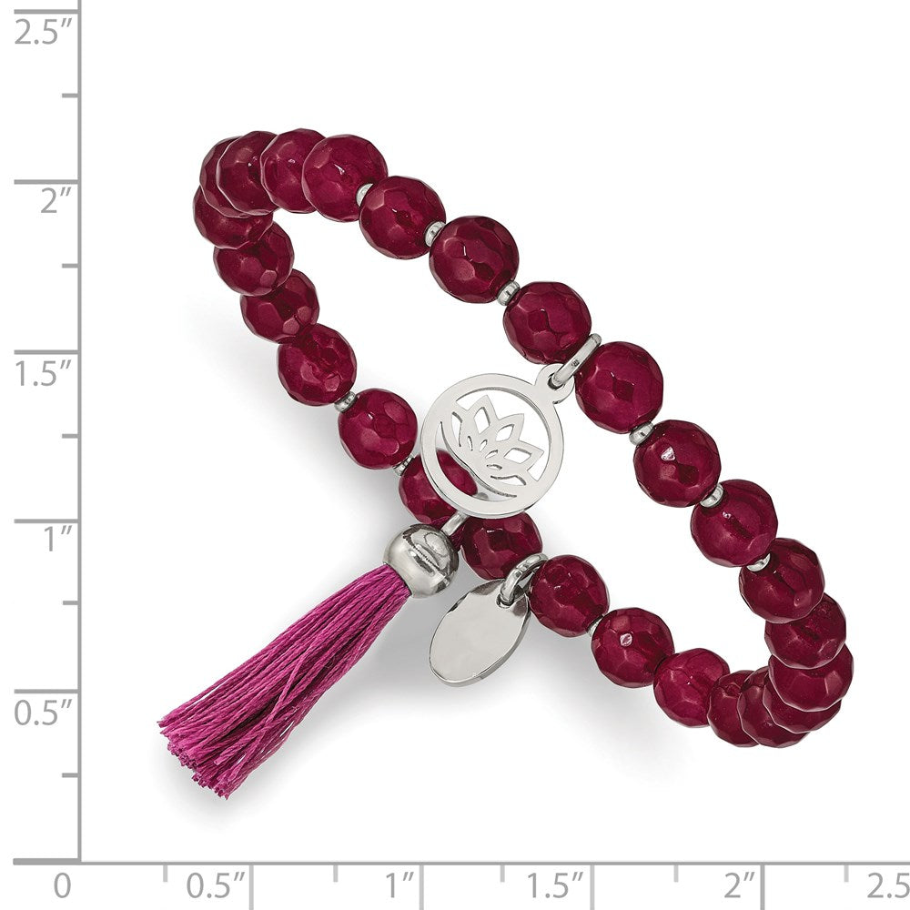 Stainless Steel Polished Lotus w/Tassel Pink Jade Beaded Stretch Bracelet 6.25 inches